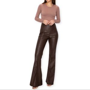 High-Rise Faux Leather Bootcut Pants - Brown